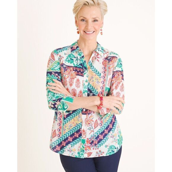 Chico's Tops - CHICOS No Iron Linen Top Womens Size 12/14 Colorful Button Up Casual Career